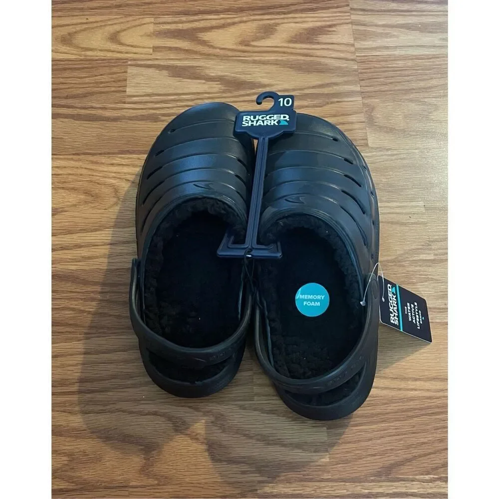 Rugged Shark Black Rubber Slip On Fuzzy Inside Men’s Shoes 10 New
